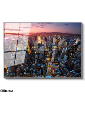 Tablofest Gümüş Renk Metal Çerçeveli Tamperli Cam Tablo New York Manhattan Şehir Manzarası Şehir Mimari Tablo Duvar Dekoru