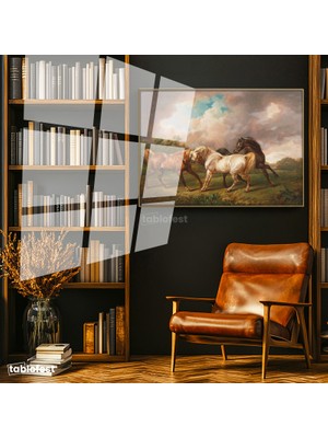 Tablofest Altın Renk Metal Çerçeveli Tamperli Cam Tablo George Stubbs Atlar Fırtınalı Bulut Manzarası Ressam Tablosu Duvar Dekoru