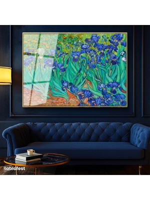 Tablofest Altın Renk Metal Çerçeveli Tamperli Cam Tablo Vincent van Gogh İris Çiçekleri Bahçe Mavi Ressam Tablosu Duvar Dekoru