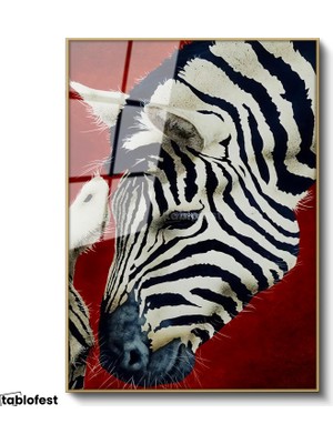 Tablofest Altın Renk Metal Çerçeveli Tamperli Cam Tablo Doğal Desen Zebra Tablosu Duvar Dekoru