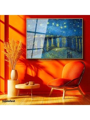 Tablofest Altın Renk Metal Çerçeveli Tamperli Cam Tablo Van Gogh Rhone Üzerinde Yıldızlı Gece Rıhtım Ressam Tablosu Duvar Dekoru