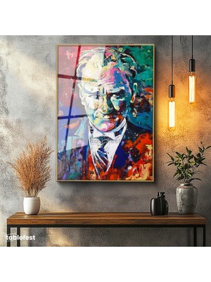 Tablofest Altın Renk Metal Çerçeveli Tamperli Cam Tablo Atatürk Modern Sanat Soyut Portre Atatürk Tablosu Duvar Dekoru