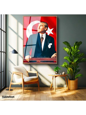 Tablofest Altın Renk Metal Çerçeveli Tamperli Cam Tablo Atatürk Ufka Bakış Atatürk Tablosu Duvar Dekoru