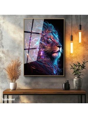 Tablofest Altın Renk Metal Çerçeveli Tamperli Cam Tablo Neon Çizgisel Aslan Tablosu Duvar Dekoru