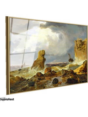 Tablofest Altın Renk Metal Çerçeveli Tamperli Cam Tablo C.D. Friedrich Batık Gemi Fırtınalı Deniz Kayalık Ressam Tablosu Dekoru