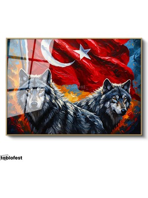 Tablofest Altın Renk Metal Çerçeveli Tamperli Cam Tablo Ay Yıldız Kurt Tablosu Duvar Dekoru