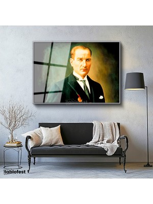 Tablofest Gümüş Renk Metal Çerçeveli Tamperli Cam Tablo Atatürk Madalyalı Resim Sanatı Atatürk Tablosu Duvar Dekoru