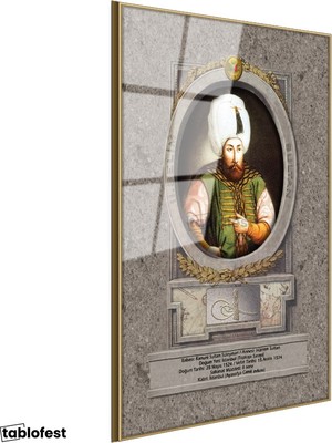 Tablofest Altın Renk Metal Çerçeveli Tamperli Cam Tablo İkinci Selim Han Padişah Portresi Osmanlı Tablosu Duvar Dekoru