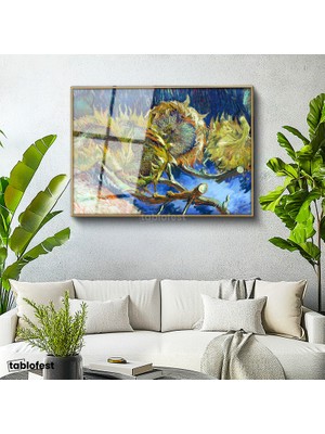 Tablofest Altın Renk Metal Çerçeveli Tamperli Cam Tablo Vincent van Gogh Kurumuş Ayçiçekleri Mavi Zemin Ressam Tablosu Dekoru