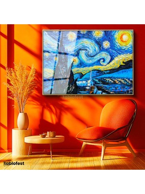 Tablofest Altın Renk Metal Çerçeveli Tamperli Cam Tablo Vincent van Gogh Yıldızlı Gece Manzarası Ressam Tablosu Duvar Dekoru