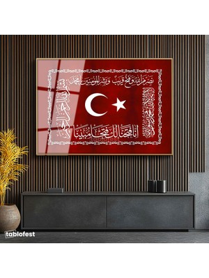 Tablofest Altın Renk Metal Çerçeveli Tamperli Cam Tablo Ay Yıldız ve Fetih Ayeti Osmanlı Tablosu Duvar Dekoru