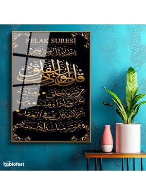 Tablofest Altın Renk Metal Çerçeveli Tamperli Cam Tablo Felak Suresi Kaligrafi Sanatı Dini İslami Tablo Duvar Dekoru