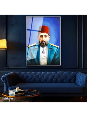 Tablofest Gümüş Renk Metal Çerçeveli Tamperli Cam Tablo Sultan II Abdülhamid Modern Yorum Portresi Osmanlı Tablosu Duvar Dekoru