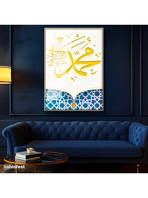 Tablofest Altın Renk Metal Çerçeveli Tamperli Cam Tablo Hz Muhammed Yazısı Mavi Geometrik Dini İslami Tablo Duvar Dekoru