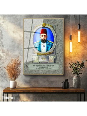 Tablofest Altın Renk Metal Çerçeveli Tamperli Cam Tablo Sultan II Abdülhamid Portresi Osmanlı Tablosu Duvar Dekoru