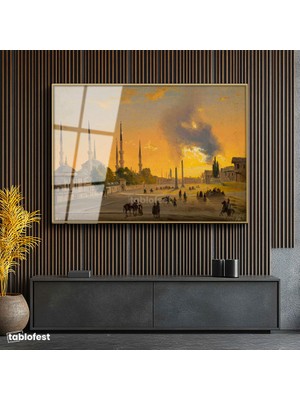 Tablofest Altın Renk Metal Çerçeveli Tamperli Cam Tablo Ippolito Caffi Sultanahmet Meydanı Obelisk Minare Ressam Tablosu Dekoru