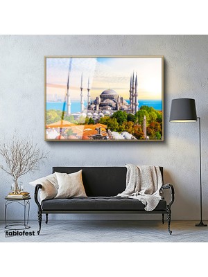 Tablofest Altın Renk Metal Çerçeveli Tamperli Cam Tablo Sultanahmet Camii ve Ağaçlar Şehir Mimari Tablo Duvar Dekoru