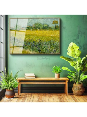 Tablofest Altın Renk Metal Çerçeveli Tamperli Cam Tablo Van Gogh Buğday Tarlası Köy Ressam Tablosu Duvar Dekoru