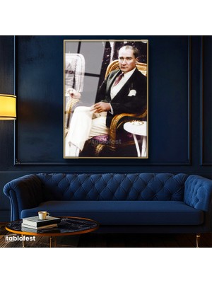 Tablofest Altın Renk Metal Çerçeveli Tamperli Cam Tablo Atatürk Hasır Koltuk Atatürk Tablosu Duvar Dekoru