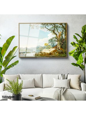 Tablofest Altın Renk Metal Çerçeveli Tamperli Cam Tablo Paul Sandby Windsor Kalesi Nehir Kenarı Piknik Ressam Tablosu Duvar Dekoru