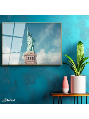 Tablofest Altın Renk Metal Çerçeveli Tamperli Cam Tablo New York Özgürlük Anıtı Şehir Mimari Tablo Duvar Dekoru