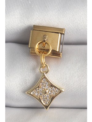 Mabelme Store 316L Çelik Gold Renk Sallantı Zirkon Taşlı Çiçek Işlemeli Nomination Charm