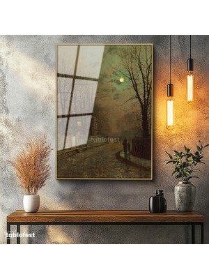 Tablofest Altın Renk Metal Çerçeveli Tamperli Cam Tablo J.A. Grimshaw Islak Sokak At Arabalı Figür Dolunay Ressam Tablosu Dekoru