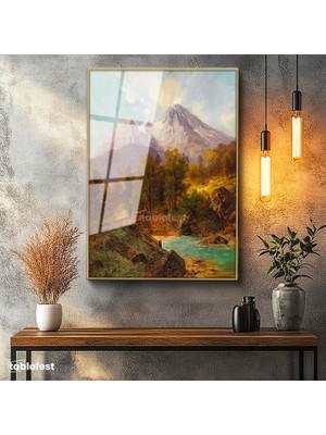 Tablofest Altın Renk Metal Çerçeveli Tamperli Cam Tablo Andreas Achenbach Dağlık Manzara Köprülü Dere Ressam Tablosu Dekoru