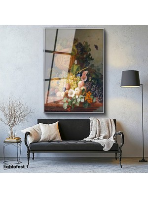 Tablofest Gümüş Renk Metal Çerçeveli Tamperli Cam Tablo J.L.R. Meyve ve Çiçekler Vazoda Böcekli Natürmort Ressam Tablosu Dekoru