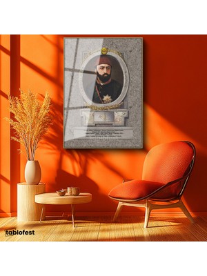 Tablofest Altın Renk Metal Çerçeveli Tamperli Cam Tablo Sultan Abdülaziz Portresi Osmanlı Tablosu Duvar Dekoru