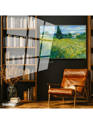 Tablofest Altın Renk Metal Çerçeveli Tamperli Cam Tablo Van Gogh Selvili Çayır Çiftlik Evi Ressam Tablosu Duvar Dekoru