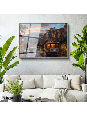 Tablofest Altın Renk Metal Çerçeveli Tamperli Cam Tablo San Francisco Tramvay Ve Yokuş Yol Şehir Ve Mimari Tablo Duvar Dekoru