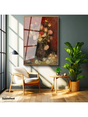 Tablofest Altın Renk Metal Çerçeveli Tamperli Cam Tablo Vincent van Gogh Vazoda Pembe Kırmızı Çiçek Ressam Tablosu Duvar Dekoru