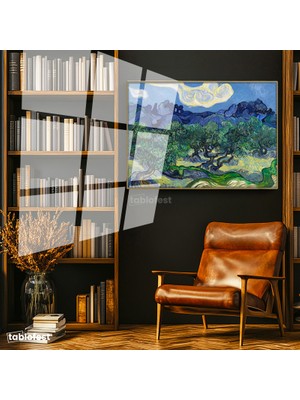 Tablofest Altın Renk Metal Çerçeveli Tamperli Cam Tablo Van Gogh Zeytin Ağaçları Mavi Dağlar Bulutlu Ressam Tablosu Duvar Dekoru