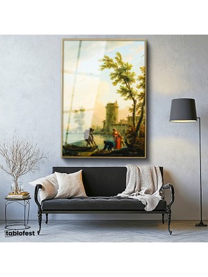 Tablofest Altın Renk Metal Çerçeveli Tamperli Cam Tablo C.J. Vernet Balıkçılar Kıyı Kulesi Deniz Kenarı Ressam Tablosu Dekoru