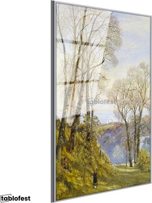 Tablofest Gümüş Renk Metal Çerçeveli Tamperli Cam Tablo J.M.W. Turner Ağaçlık Arazi Uzaktan Yelkenli Ressam Tablosu Duvar Dekoru