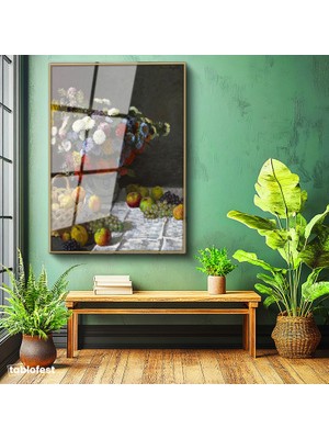 Tablofest Altın Renk Metal Çerçeveli Tamperli Cam Tablo Claude Monet Meyveler ve Çiçekler Sepetli Natürmort Ressam Tablosu Dekoru