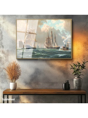Tablofest Altın Renk Metal Çerçeveli Tamperli Cam Tablo John Stobart Denizde Yelkenliler Buharlı Ressam Tablosu Duvar Dekoru
