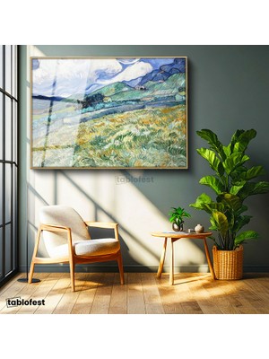 Tablofest Altın Renk Metal Çerçeveli Tamperli Cam Tablo Vincent van Gogh Tepe ve Alan Manzarası Ressam Tablosu Duvar Dekoru
