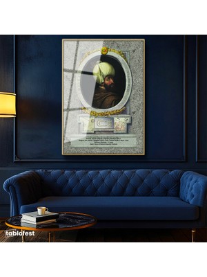 Tablofest Altın Renk Metal Çerçeveli Tamperli Cam Tablo Sultan Birinci Bayezid Tarihi Portre Osmanlı Tablosu Duvar Dekoru