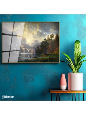 Tablofest Altın Renk Metal Çerçeveli Tamperli Cam Tablo Albert Bierstadt Yosemite Vadisi Şelale ve Göl Işık Ressam Tablosu Dekoru