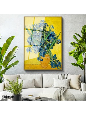 Tablofest Altın Renk Metal Çerçeveli Tamperli Cam Tablo Vincent van Gogh Mavi İrisler Sarı Fonlu Vazo Ressam Tablosu Dekoru