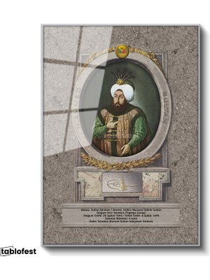 Tablofest Gümüş Renk Metal Çerçeveli Tamperli Cam Tablo İkinci Ahmed Han Padişah Portresi Osmanlı Tablosu Duvar Dekoru