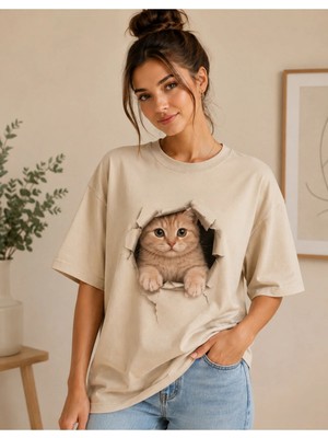 Enb1r Moda Sevimli Kedi Baskılı 3D Yırtık Efekt Yarım Oversize Bisiklet Yaka Unisex Tişört – Cute Cat Grafik Baskılı Günlük Tişört