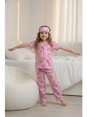 Lillypicca Pembe Soft Çizgili Fiyonk Desenli Bambu Önden Düğmeli Göz Bantlı Kısa Kol Pijama Takımı 8019