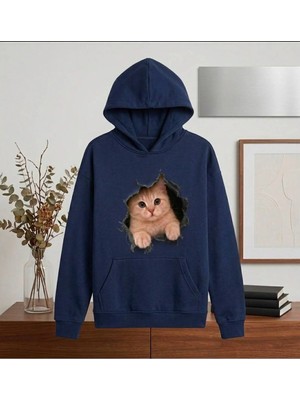 Enb1r Moda 3D Yırtık Efektli Sevimli Kedi Baskılı Yarım Oversize Kapüşonlu Kanguru Cepli Unisex Sweatshirt Hoodie