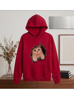 Enb1r Moda 3D Yırtık Efektli Sevimli Kedi Baskılı Yarım Oversize Kapüşonlu Kanguru Cepli Unisex Sweatshirt Hoodie
