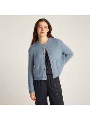 Tommy Hilfiger Textured Gold Button Lady Kadın Mavi Yün Karışımlı Kazak