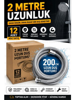 Ellante 12 Adet 2 Metre Duş Hortumu Koli Satışı | Paslanmaz Bağlantılı • Kırılmaz • Sızdırmaz • Standart 1/2" Uyumlu