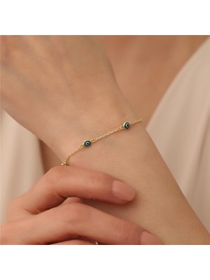 Nox Jewelry 14 Ayar Altın Kaplama Mavi Nazar Boncuklu Zincir Gümüş Bileklik